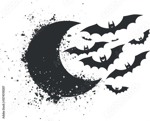 Illustration of a crescent moon with bats flying around, creating a spooky Halloween atmosphere.