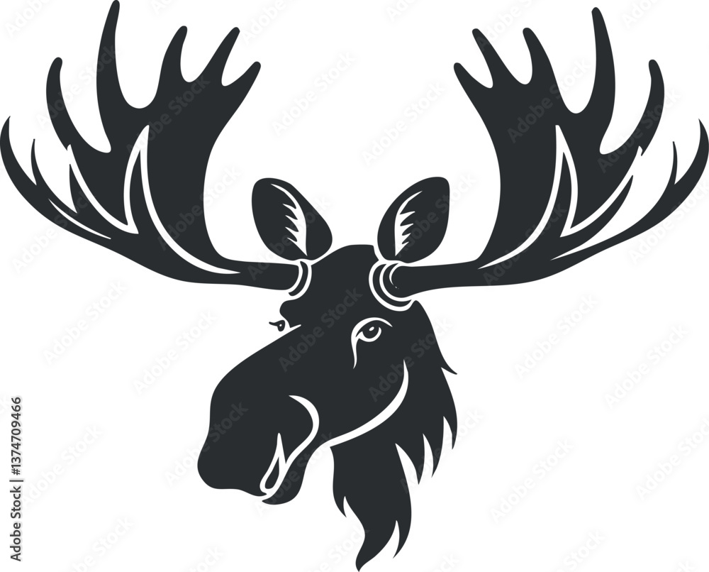 Silhouette of a moose head with large antlers in black and white illustration. Silhouette of a moose head with large antlers in black and white illustration.