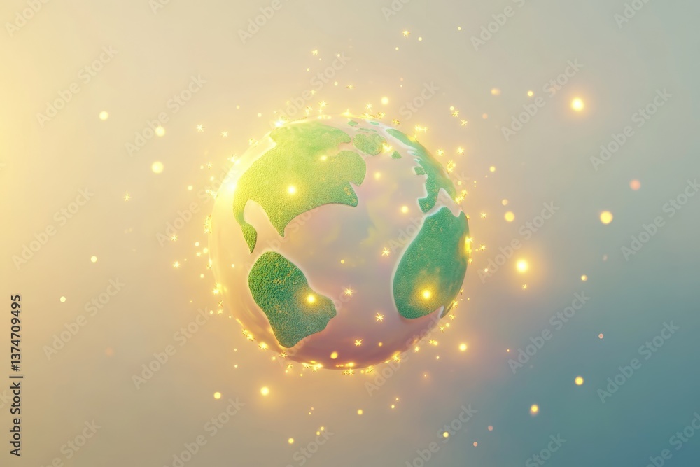 Fototapeta premium Stylized 3D Earth model glowing with golden sparkles, representing environmental protection or global connectivity.