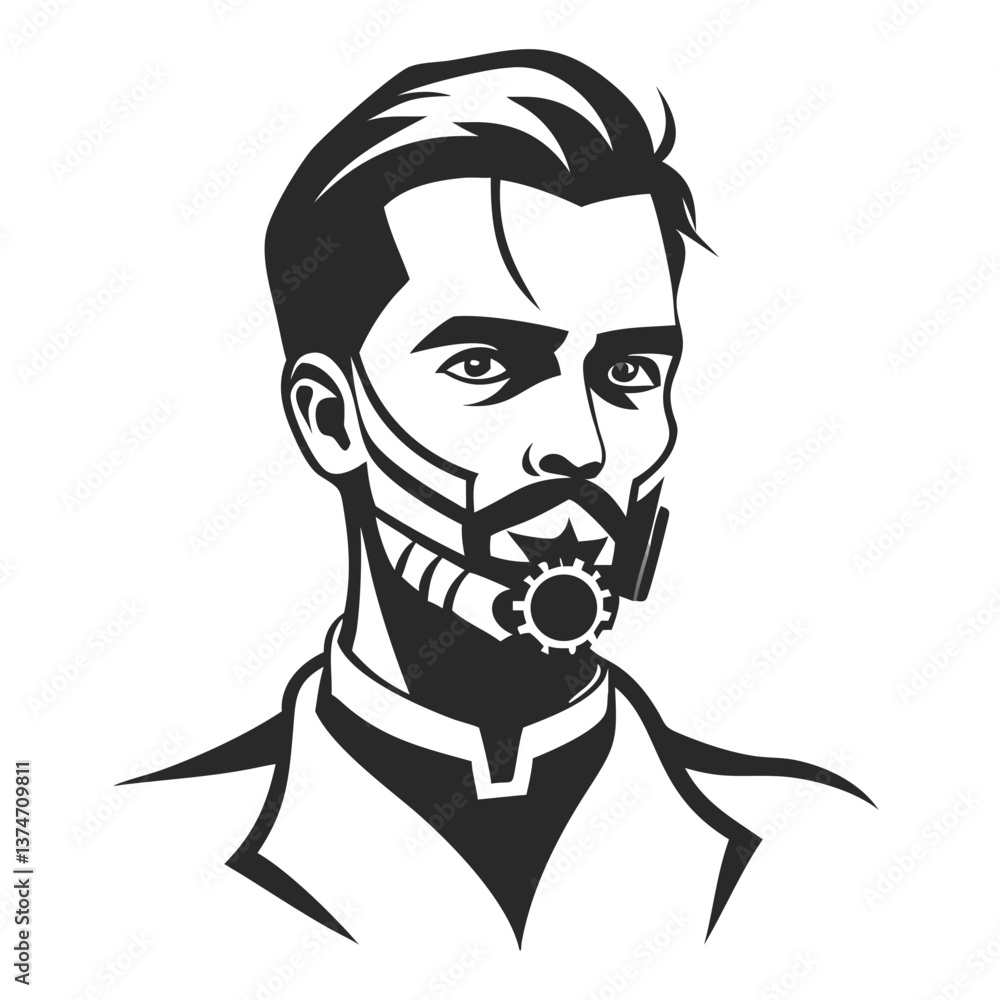 Steampunk Gentleman: An illustration of a handsome gentleman, his face partially adorned with intricate steampunk-inspired mechanical devices and gear Steampunk Gentleman: An illustration of a handsome gentleman, his face partially adorned with intricate steampunk-inspired mechanical devices and gear