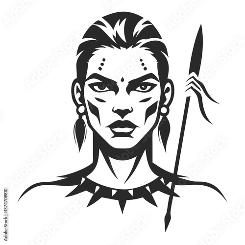 Warrior's Fierce Gaze: A formidable warrior, adorned with traditional markings and holding a spear, embodies strength, resilience, and cultural pride.