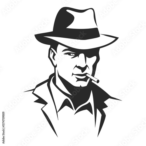 Noir Enigma: A stark monochrome portrayal of a man in a hat, evoking the classic atmosphere of detective stories or film noir, enhanced by smoking.