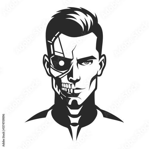 Cybernetic Fusion: A compelling illustration showcases a male figure, his visage split between human and cybernetic, embodying a bold vision of the future.