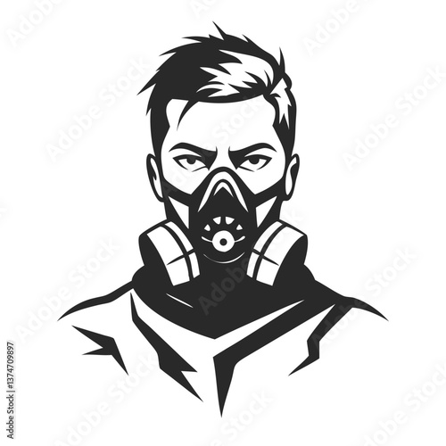 Resilience: A person with determination wearing a protective gas mask looking forward. Showcasing an emotion of courage and resilience, prepared for anything, protecting themselves. 