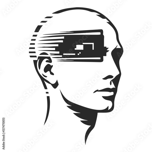 Digital Implantation: A striking conceptual image depicts a human head with a prominent embedded digital implant, symbolizing the convergence of technology and the human mind.