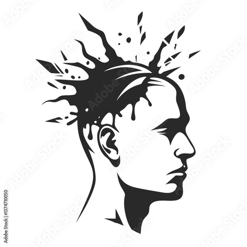 Mind's Explosion: A stylized, black and white illustration captures the concept of mental exploration and revelation, showcasing a human silhouette with a dynamic burst emanating from the head.