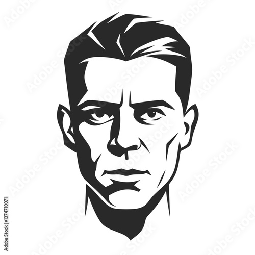 Man's Face, Strong Gaze: A striking illustration of a man's face, rendered in stark black and white, with intense eyes and strong features, conveying a sense of determination. 