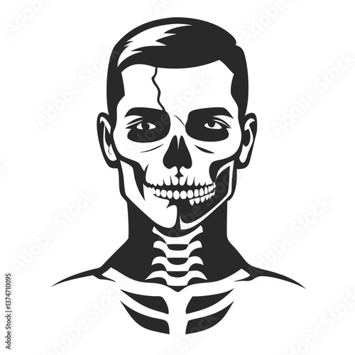 Human Skull: A striking depiction of a human face merged with a skull, the artwork is a stark, thought-provoking visual of life and death.
