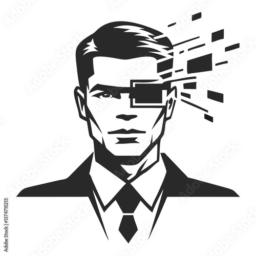 Digital Human: A futuristic monochrome illustration of a man with a digital overlay on his face, symbolizing the intersection of technology and humanity. Capturing the essence of innovation, progress.