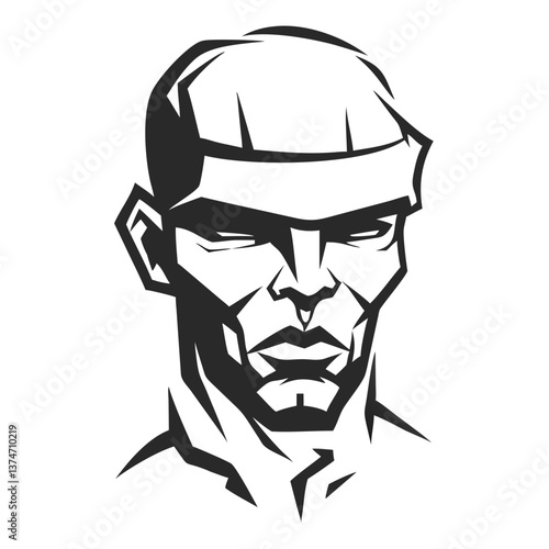 Strong Male Face Graphic: A stylized graphic illustration of a strong, serious male face, depicted in black and white with bold lines and sharp angles. The image conveys strength, determination.