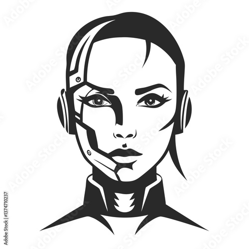 Digital Art: Cybernetic Vision: A striking digital illustration showcases the visage of a future-forward woman, blending human and technological elements. Embodying a sense of futuristic beauty.