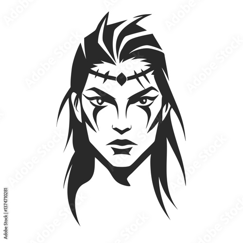 Warrior Spirit Portrait: A fierce warrior stares intensely, radiating determination in this monochrome graphic, symbolizing strength and resilience.