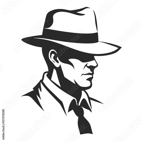 Mystery Man in Shadow: A monochrome illustration showcases a mysterious figure, cloaked in shadow and wearing a classic fedora hat. His silhouette suggests intrigue and a sense of the unknown.