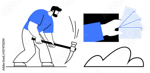 Miner using pickaxe hitting ground alongside hand with money, showcasing hard work and monetary gain. Ideal for labor, earning, mining, economy, success, finance achievement. Flat simple metaphor