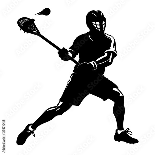 Lacrosse Player Silhouette: Powerful silhouette of a lacrosse player in action, poised to shoot the ball, embodying strength, skill, and athleticism.