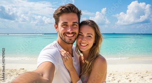 Happy couple taking a selfie on a tropical beach  