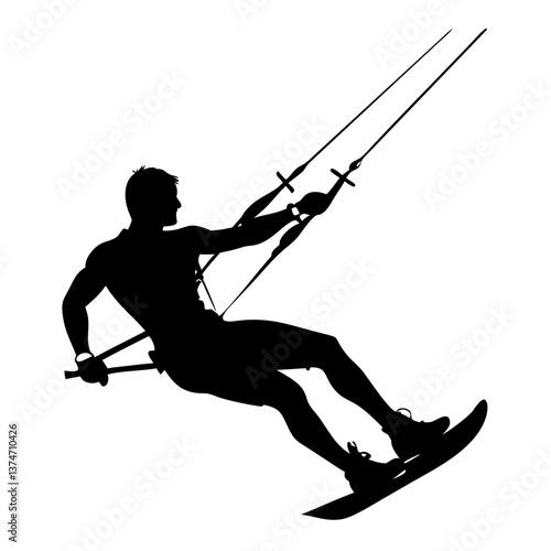 Kite Surfing Silhouette: A dynamic black silhouette captures the essence of kite surfing, showcasing a figure gliding effortlessly across the water, embodying the thrill of the sport. 