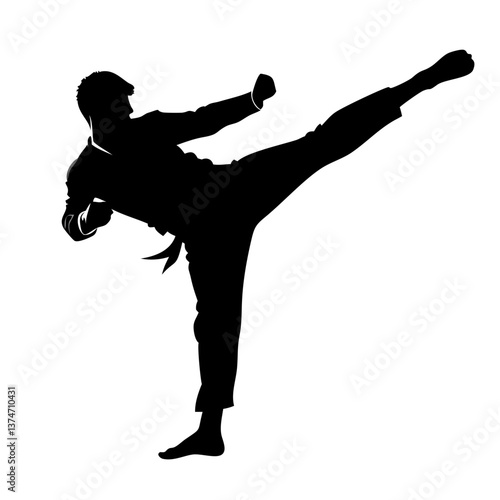 Power and Precision: A silhouette of a martial artist executes a dynamic kick, showcasing strength and focus against a backdrop of stark contrast.