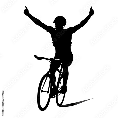 Silhouette of a Bicyclist Celebrating Triumph: A striking silhouette captures a bicyclist celebrating victory, arms raised high against a minimalist backdrop, conveying triumph and achievement.