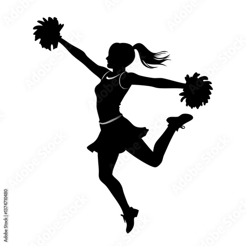 Cheerleader silhouette: Energetic silhouette of a cheerleader leaping with pom-poms raised high, capturing the dynamism and spirit of cheerleading in a striking and bold visual.