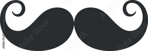 Black curly mustache icon with a classic handlebar style on a white background.