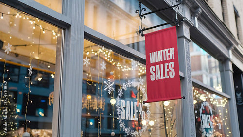 Festive window display announces winter sales, adorned with lights and snowflakes.