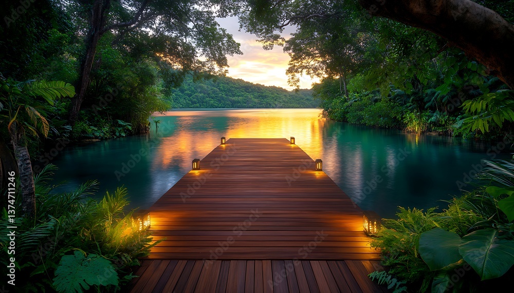 Fototapeta premium Sunset Lake Pier with Tropical Paradise.