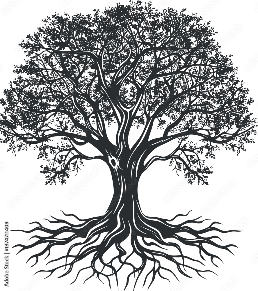 Obraz premium Intricate black and white tree silhouette with detailed branches and roots, symbolizing nature's connection.