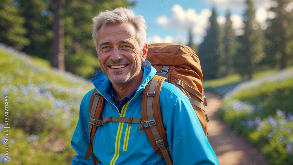 positive adult man with backpack in nature, spring, hiking