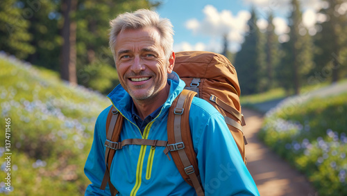 Obraz na płótnie positive adult man with backpack in nature, spring, hiking w salonie