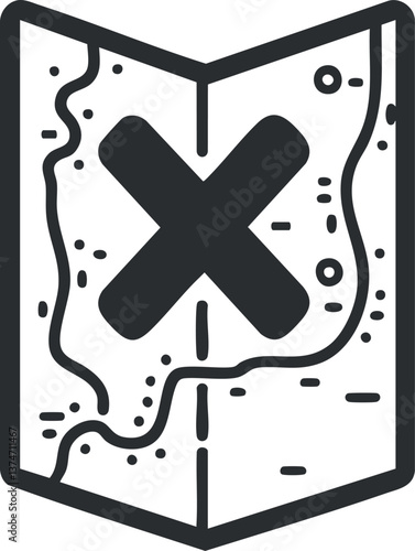 Black and white map icon with an X symbol, ideal for navigation and adventure themes.