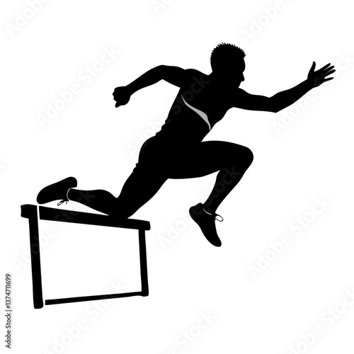 The Hurdle: A striking silhouette captures a determined athlete in mid-leap, gracefully clearing a hurdle against a bright sky, embodying perseverance and athletic prowess.