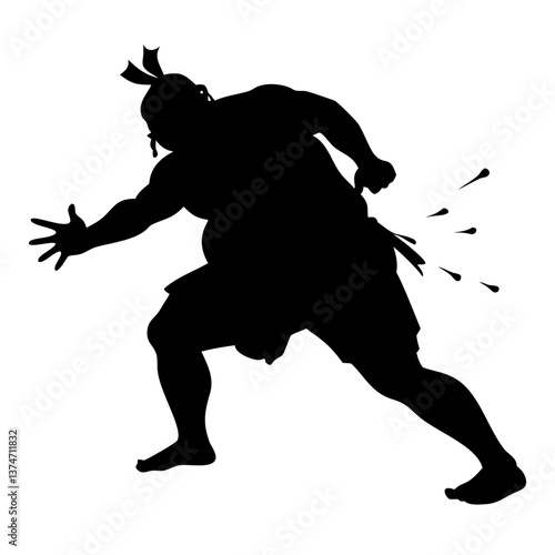 Sumo Wrestler Silhouette: A powerful sumo wrestler in silhouette, poised in a dynamic stance with focused energy, showcasing strength and readiness for battle.