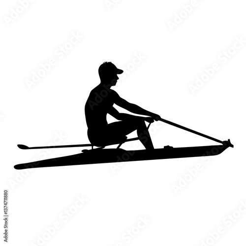 Solo Rowing Silhouette: A lone rower powerfully propels a sleek vessel through the tranquil waters, silhouetted against the vast open space. Evoking a sense of solitude, discipline, and determination.