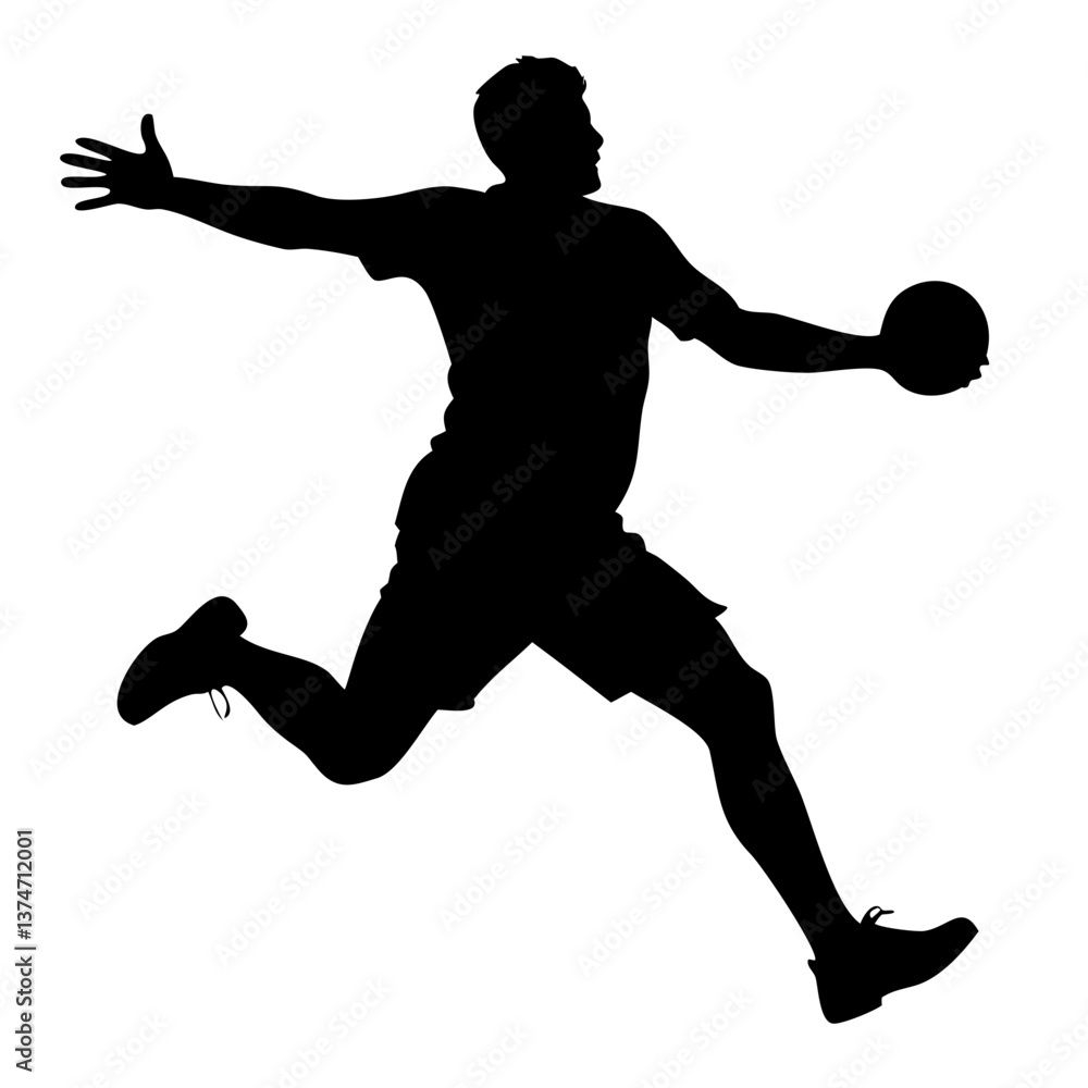 Obraz premium Silhouette of a handball player: Dynamic silhouette of a handball player in mid-air, showcasing power, agility, and athleticism. The image is a vector graphic.
