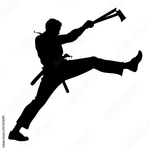 Axe Thrower in Action: Silhouette of an axe thrower in mid-throw against a stark backdrop. The image captures the essence of skill, focus, and athleticism.