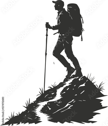 Silhouette of a hiker with a backpack and trekking poles on a mountain peak.