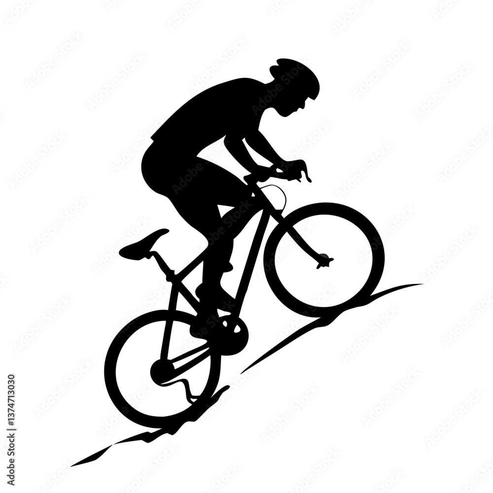 Fototapeta premium Cycling Silhouette: A sleek black silhouette of a cyclist riding a bicycle on a challenging terrain, embodies energy and determination, perfect for sports and fitness projects.
