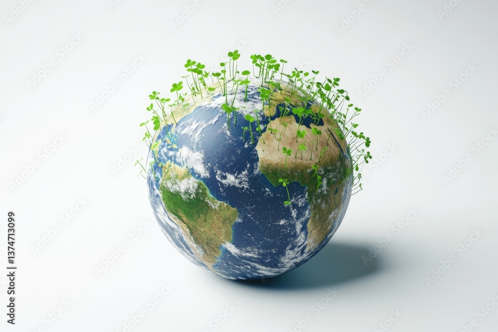 A vibrant Earth, adorned with sprouting clover, symbolizes environmental growth and renewal. A vibrant Earth, adorned with sprouting clover, symbolizes environmental growth and renewal.