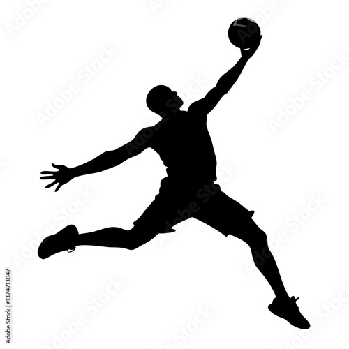 Dynamic Dunk: A silhouette of a basketball player soaring through the air, poised to execute a gravity-defying dunk, embodying the essence of athleticism and action.