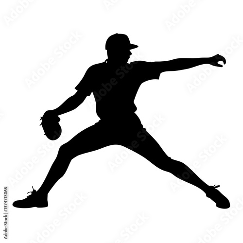 Baseball Pitcher Silhouette: A dynamic silhouette of a baseball pitcher in mid-throw, capturing the powerful and fluid motion of this classic sport. The silhouette is isolated on a white background.