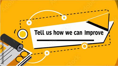 Feedback Request Graphic: A stylized graphic on a vibrant yellow background, featuring a call to action.