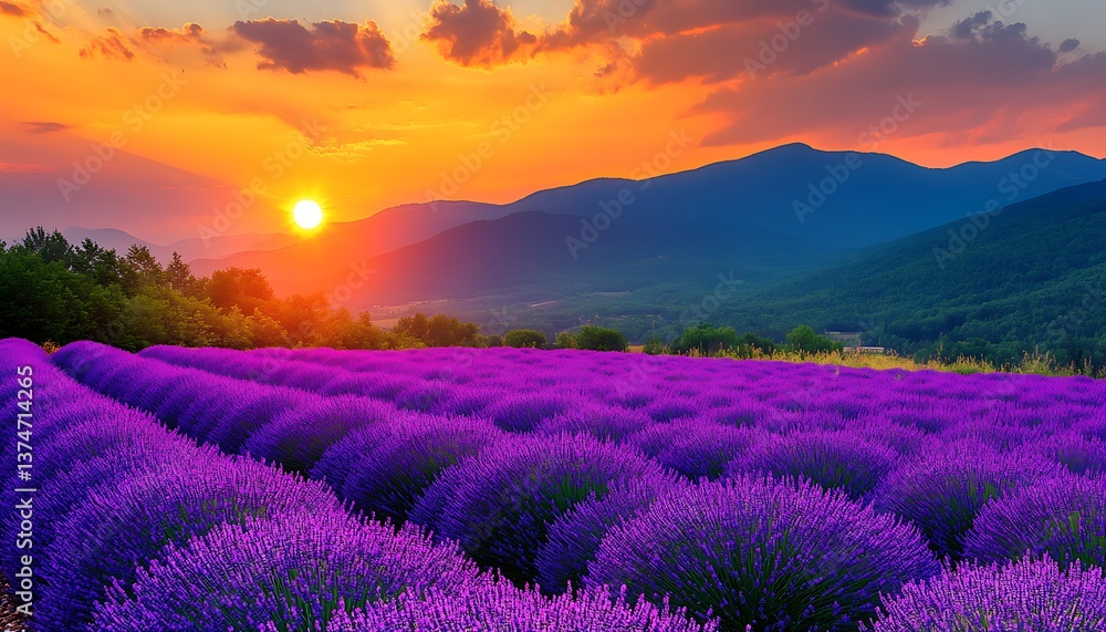 Sunset Lavender Field with Mountain View. (1) Sunset Lavender Field with Mountain View. (1)