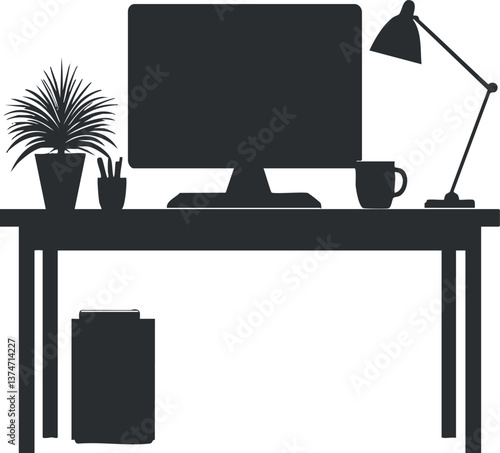 Minimalist black and white illustration of a modern office desk with computer and lamp.