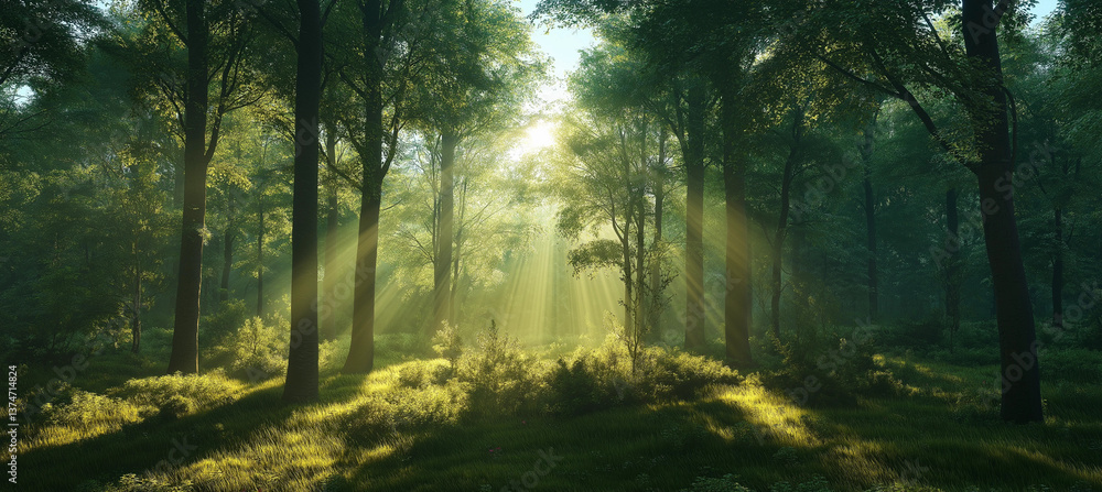 Fototapeta premium A serene forest scene with sunbeams cutting through the canopy and illuminating the undergrowth