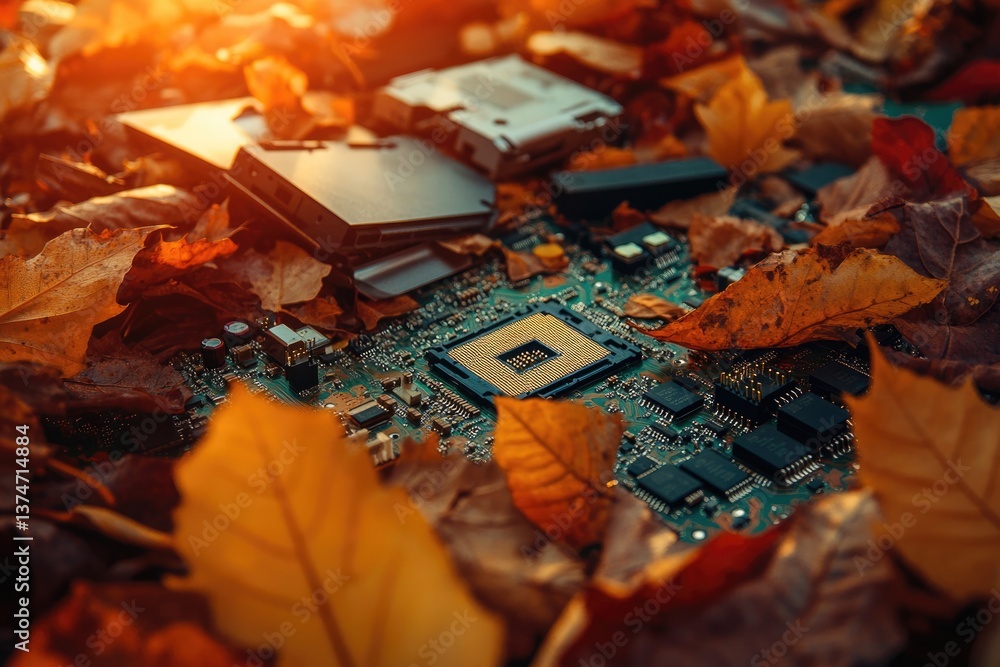 Naklejka premium Computer components resting amidst autumn leaves, bathed in sunset's warm glow.