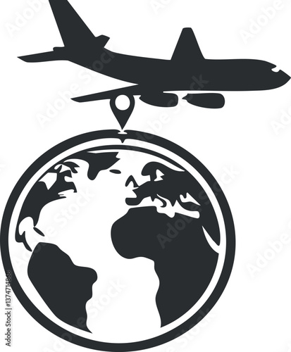 Silhouette of an airplane flying above a globe, symbolizing global travel and exploration.