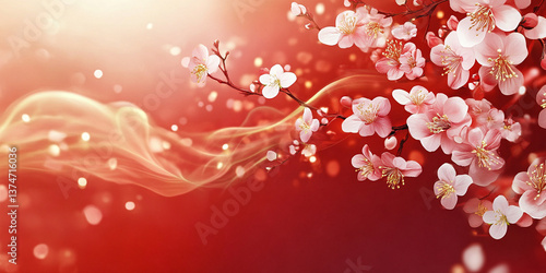 white spring blossoms of red background