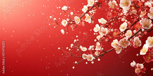 white spring blossoms of red background