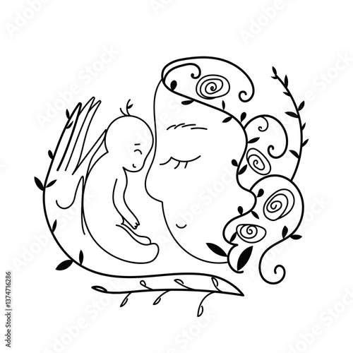 Mother and baby, black and white line art. Mom hugs child. Motherhood and newborn concept. Happy mother line vector illustration. Parent loving kid, happy mother day, nesting party design for card